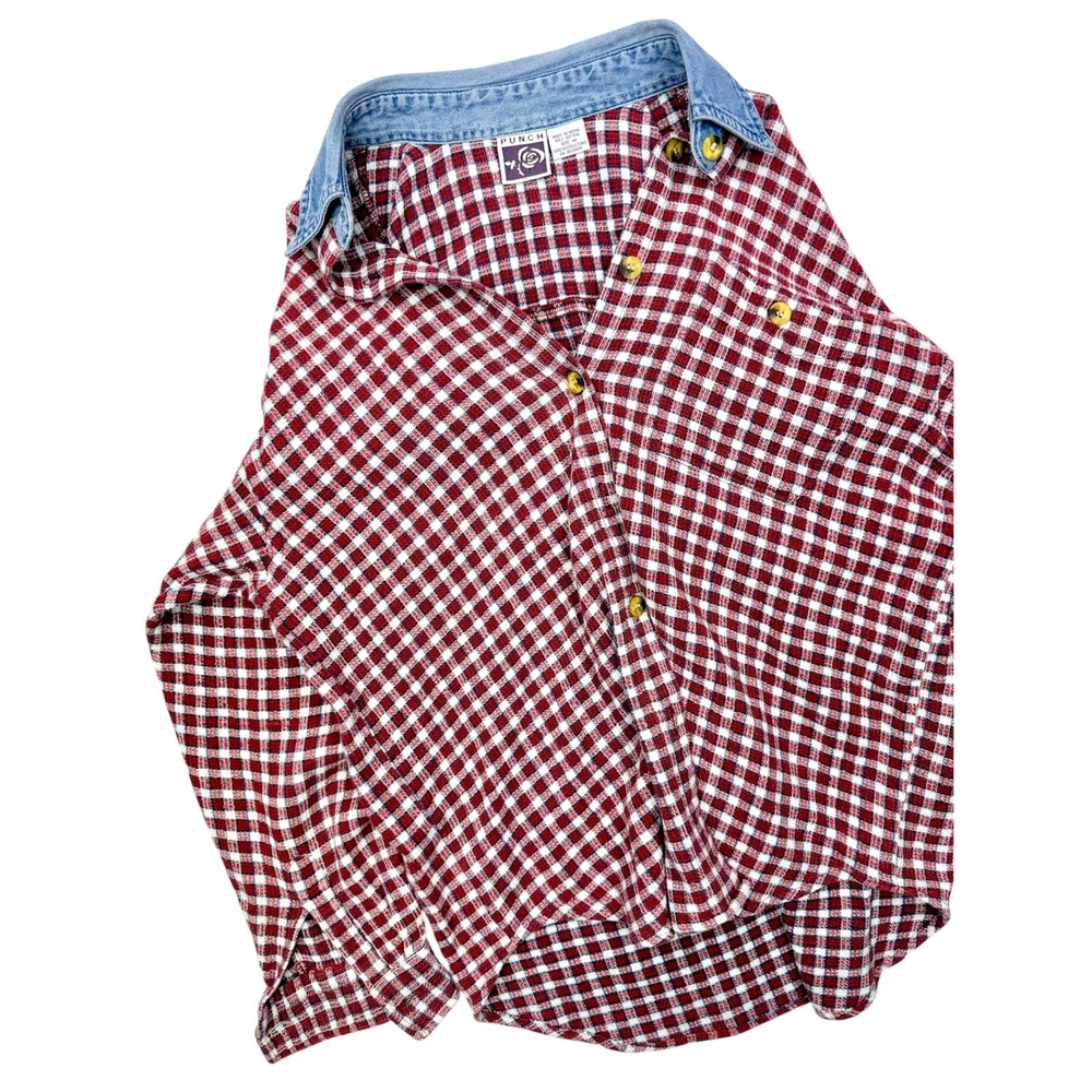 Vintage Red Gingham Waffle Texture Button Down Shirt Denim Collar Cotton Nepal M - Picture 1 of 10